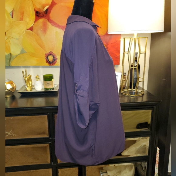 EUC Express Purple Button-Up Shirt With Sheer Sleeves Size L - Picture 3 of 9